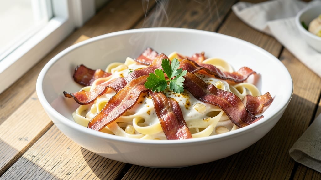 Bacon White Sauce Pasta Recipe: Crispy Bacon Bits Over Silky Creamy Ribbons
