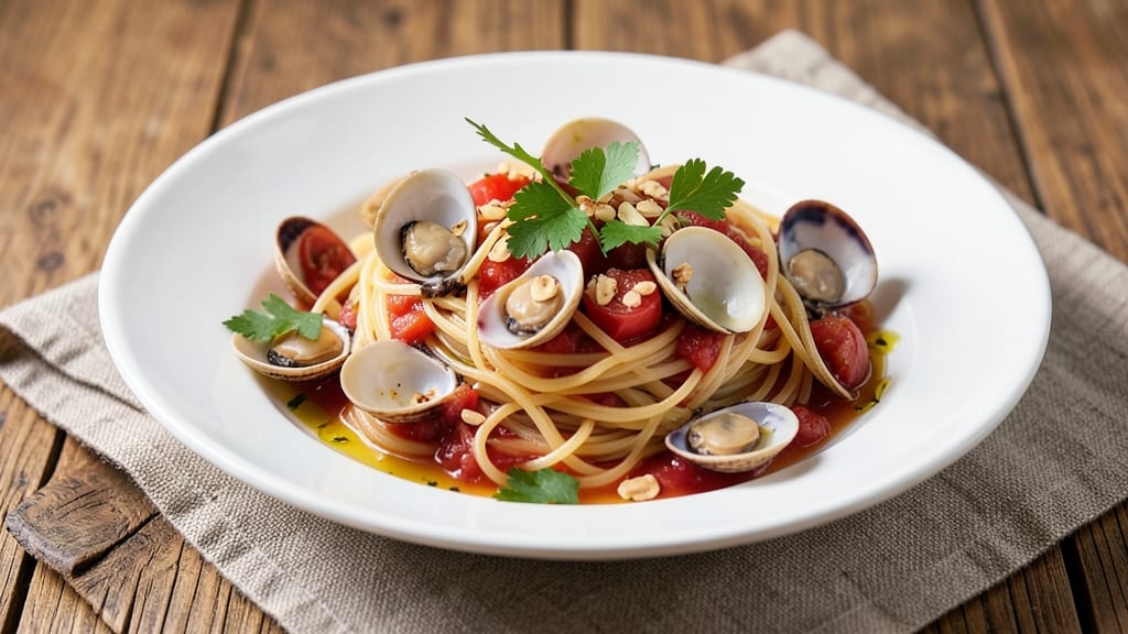 Angel Hair Pasta With Clam Sauce Recipe: Briny Seafood and Tomato Simmered Luxe