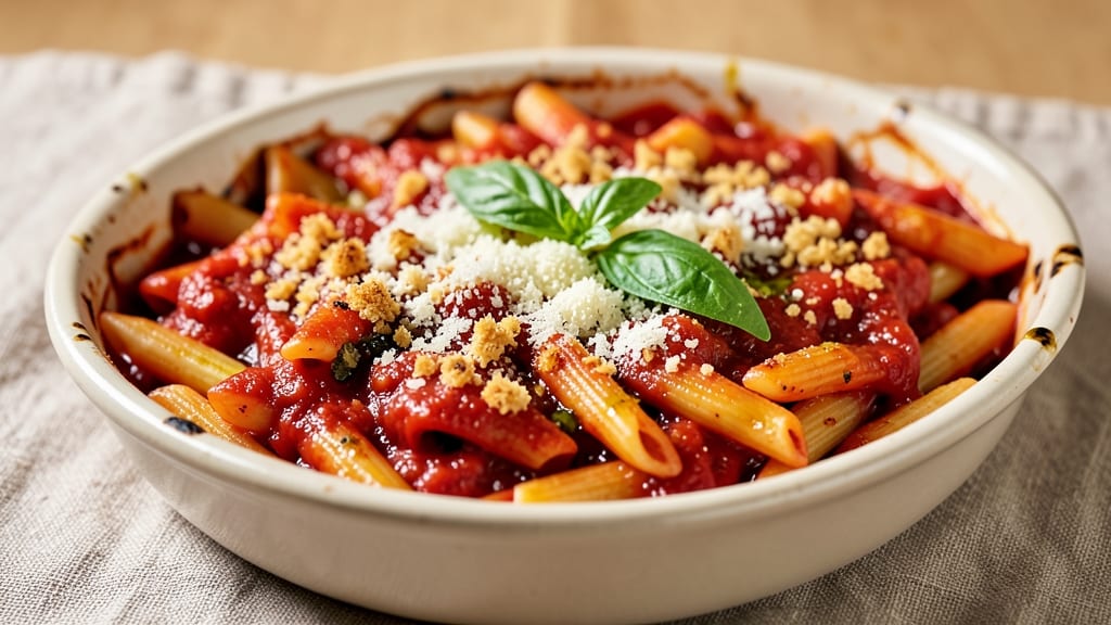 Baked Red Sauce Pasta Recipe: Crispy Tomato Crowns Over Al Dente Twists