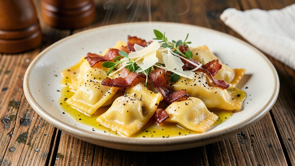 Bacon Carbonara Ravioli Sauce Recipe: Crispy Pancetta Crunch Over Eggy Silk