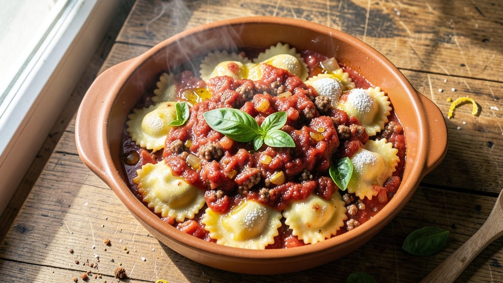 Baked Ravioli With Meat Sauce Recipe: Cheesy Layers and Rich Tomato Hug