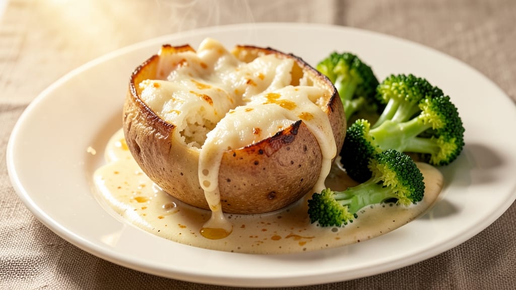 Baked Potato with Broccoli and Cheese Sauce Recipe: Crispy Top, Melty Cheese, and Steamed Broccoli Trio